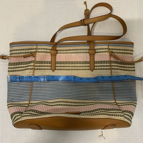 Fossil Tote Charlie Ecru Multi Stripe Pink Blue Shoulder Bag Purse NWOT - Picture 11 of 12